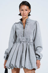 PASS THE BUBBLY DENIM MINI DRESS IN LIGHT GREY