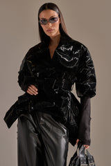 RIB SLEEVE PEPLUM PUFFER IN LIQUID VELVET