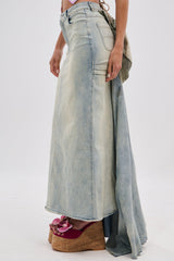 OH THE DRAMA BACK BOW DENIM MAXI SKIRT WITH TRAIN