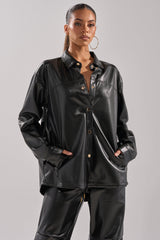 GET WITH IT FAUX LEATHER BUTTON DOWN