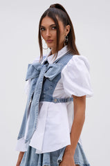 FAITH SHORT SLEEVE DENIM TIE POPLIN BLOUSE TOP