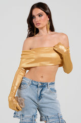 JUST LIKE MAGIC SLINKY OFF THE SHOULDER GLOVED TOP IN GOLD
