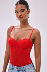 BURNING PASSION LACE BODYSUIT IN RED