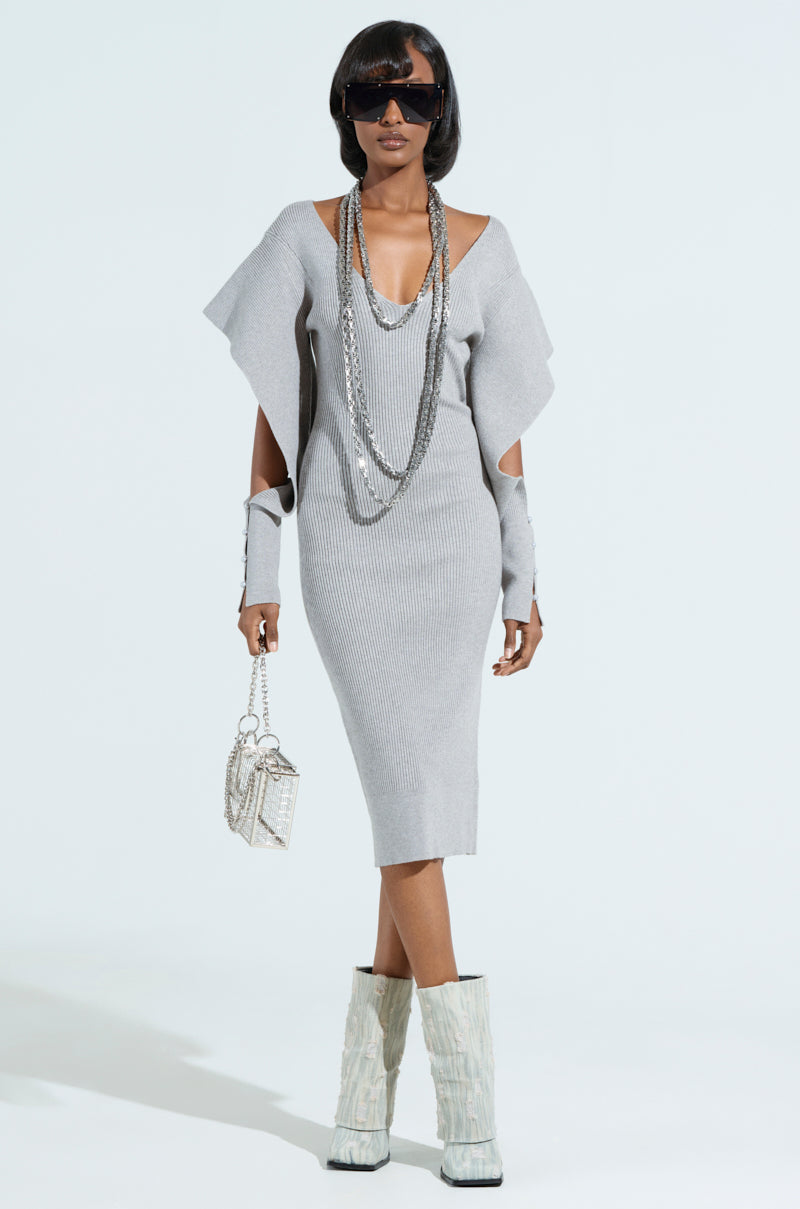 OFF TO BRUNCH KNIT MIDI DRESS IN HEATHER GREY
