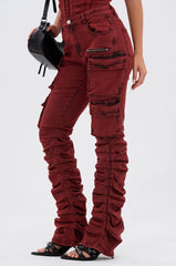 IT GETS EASIER STACKED CARGO PANT IN BURGUNDY