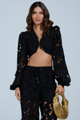 LATE NIGHT DREAMS FLORAL CUTOUT CROPPED BLOUSE