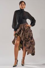CRAZY FOR YOU BROCADE RUCHED MIDI SKIRT