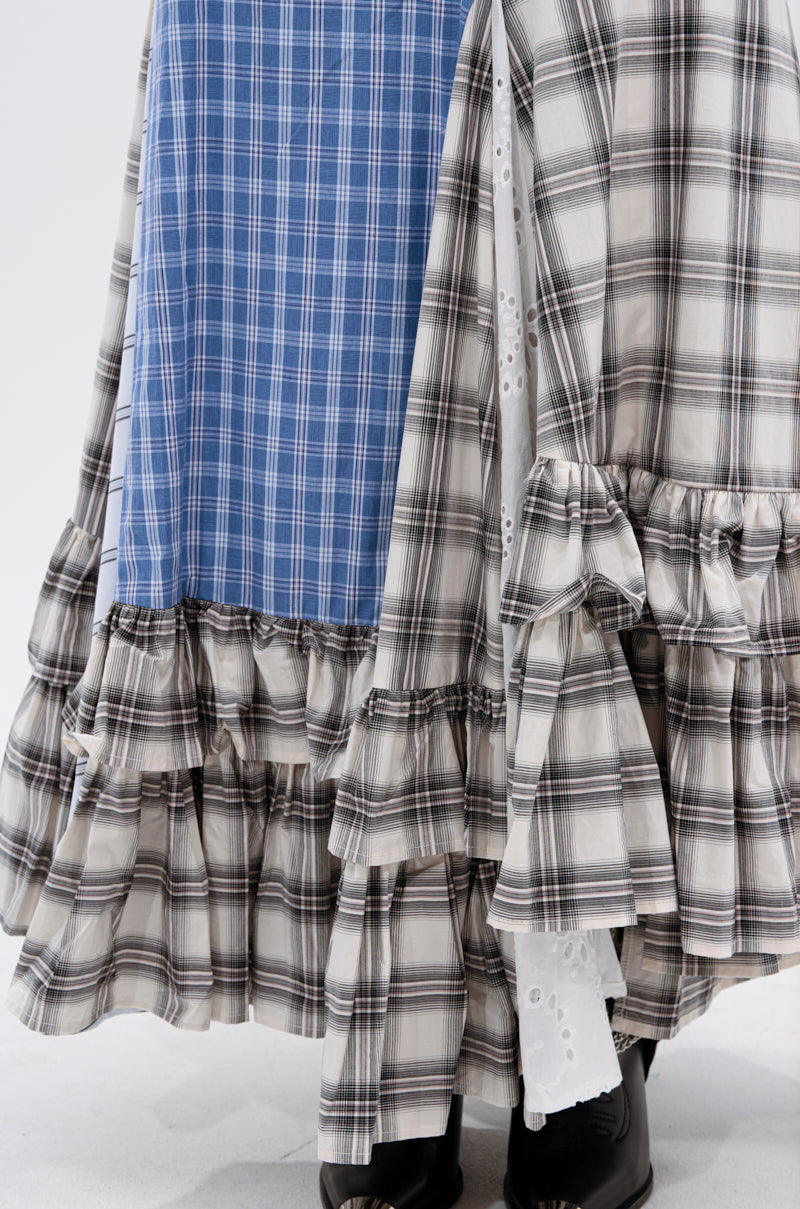 OUT OF ALIGNMENT PLAID MIDI SKIRT