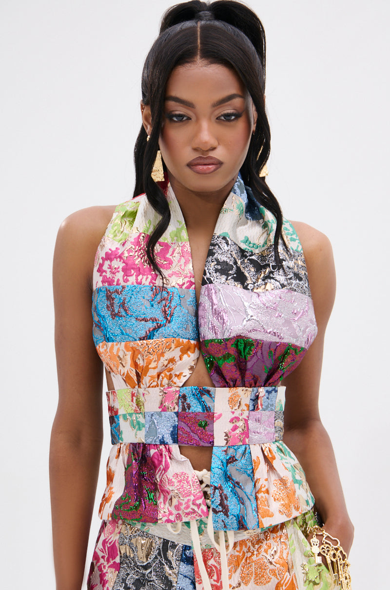 MIXED FEELINGS BROCADE HALTER BLOUSE