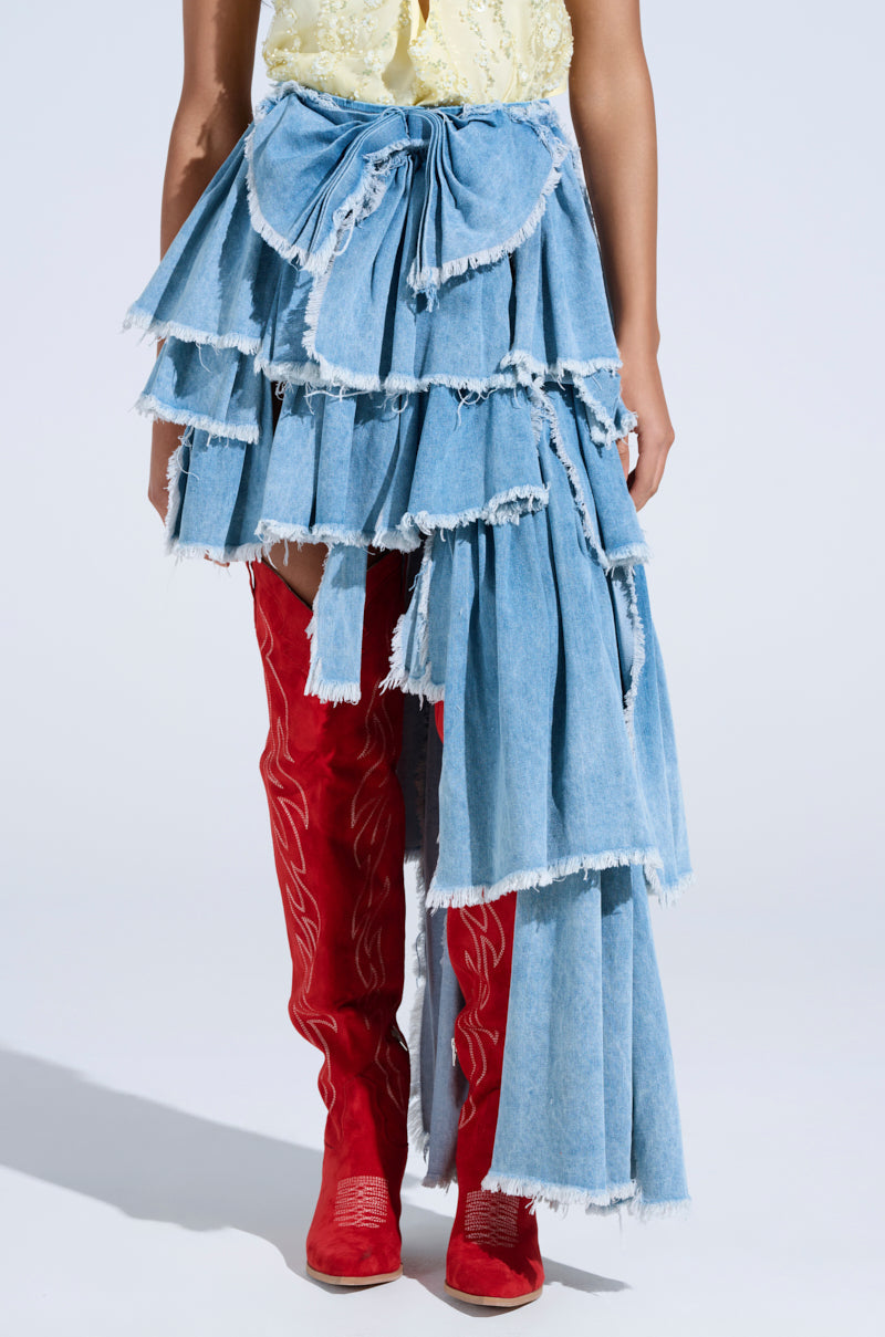DISTRESSED TIERED ASYMMETRIC MIDI SKIRT