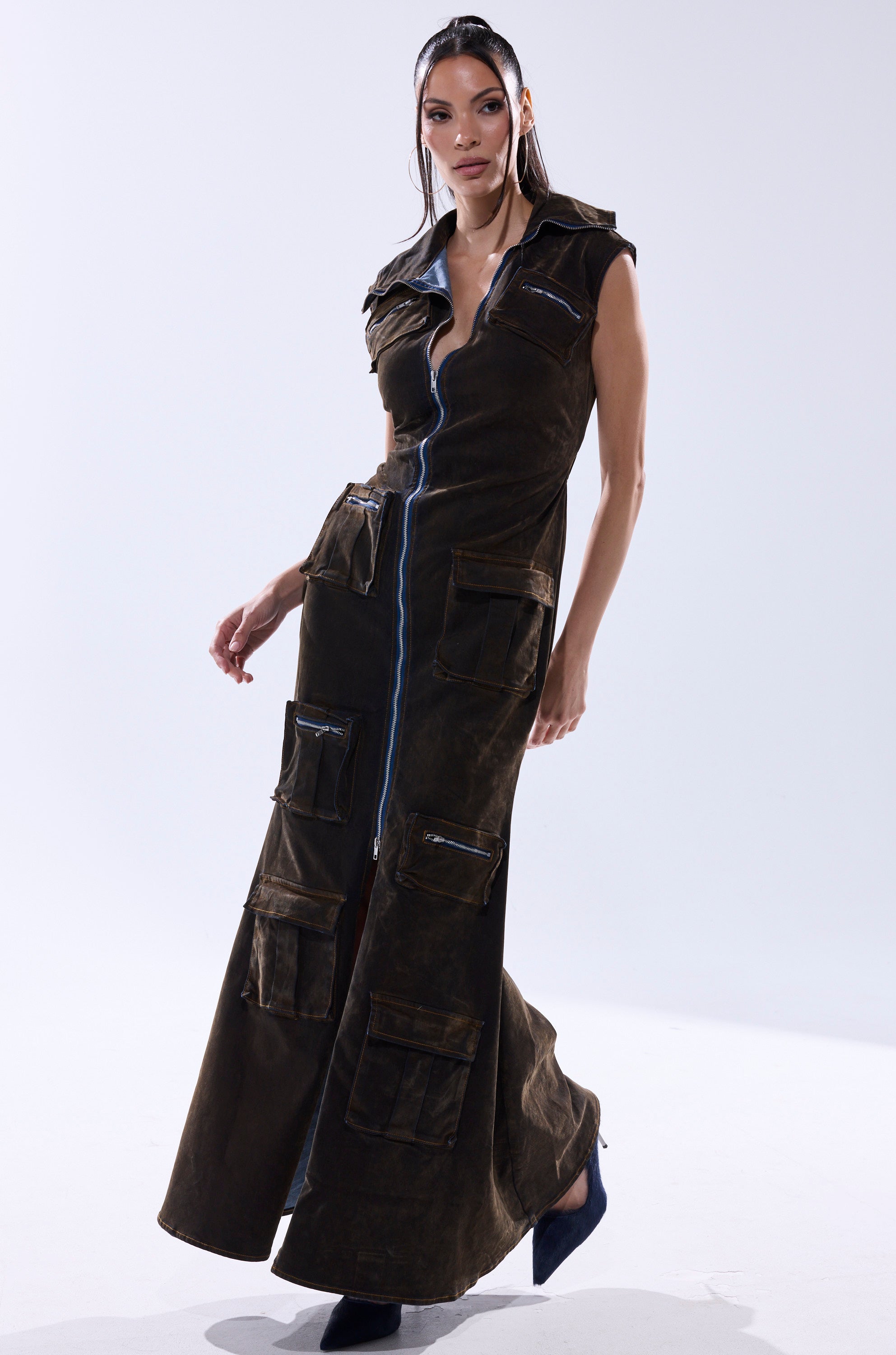NOW YOU SEE ME VELVET DENIM MAXI DRESS