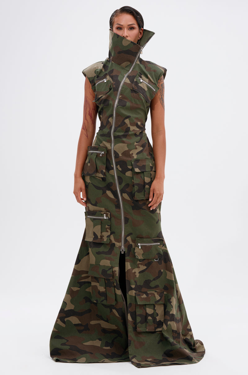 NOW YOU SEE ME CAMO PRINT MAXI DRESS