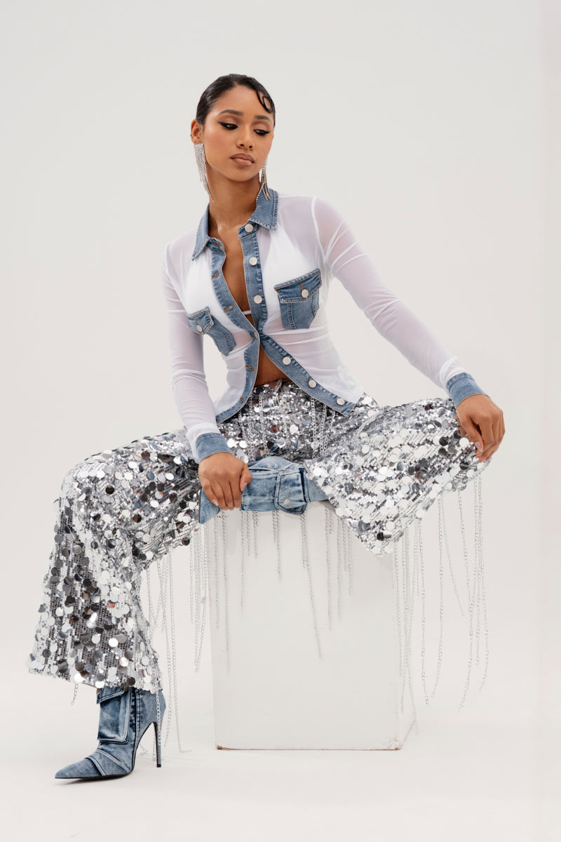 EXPENSIVE TASTE STRETCHY SEQUIN CHAIN PANTS