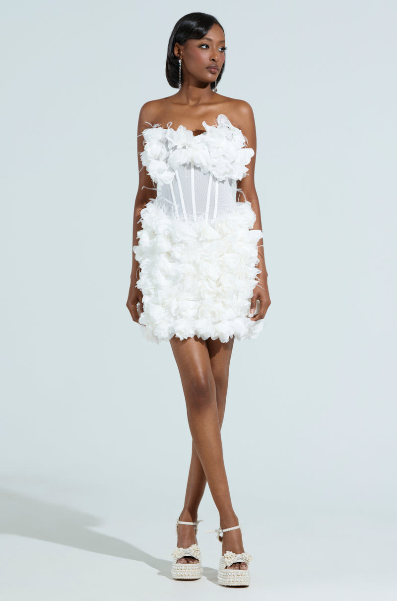 ON BROADWAY FEATHER AND FLOWER MINI DRESS