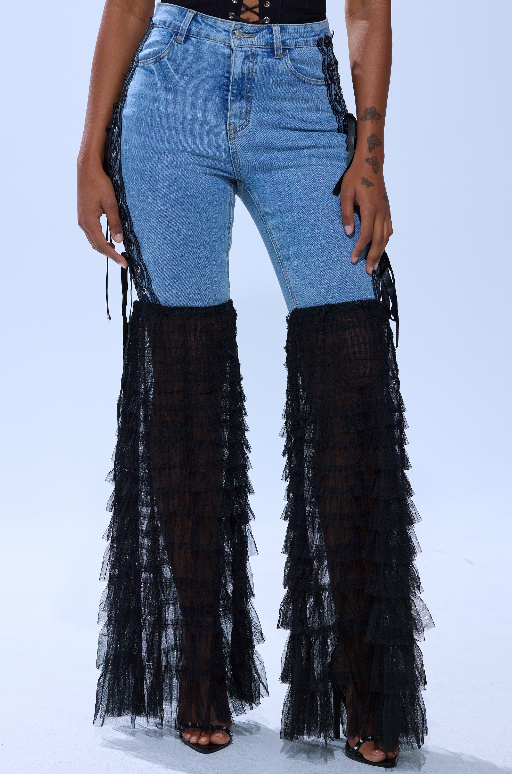 CAN'T DECIDE TULLE AND LACE DENIM JEANS