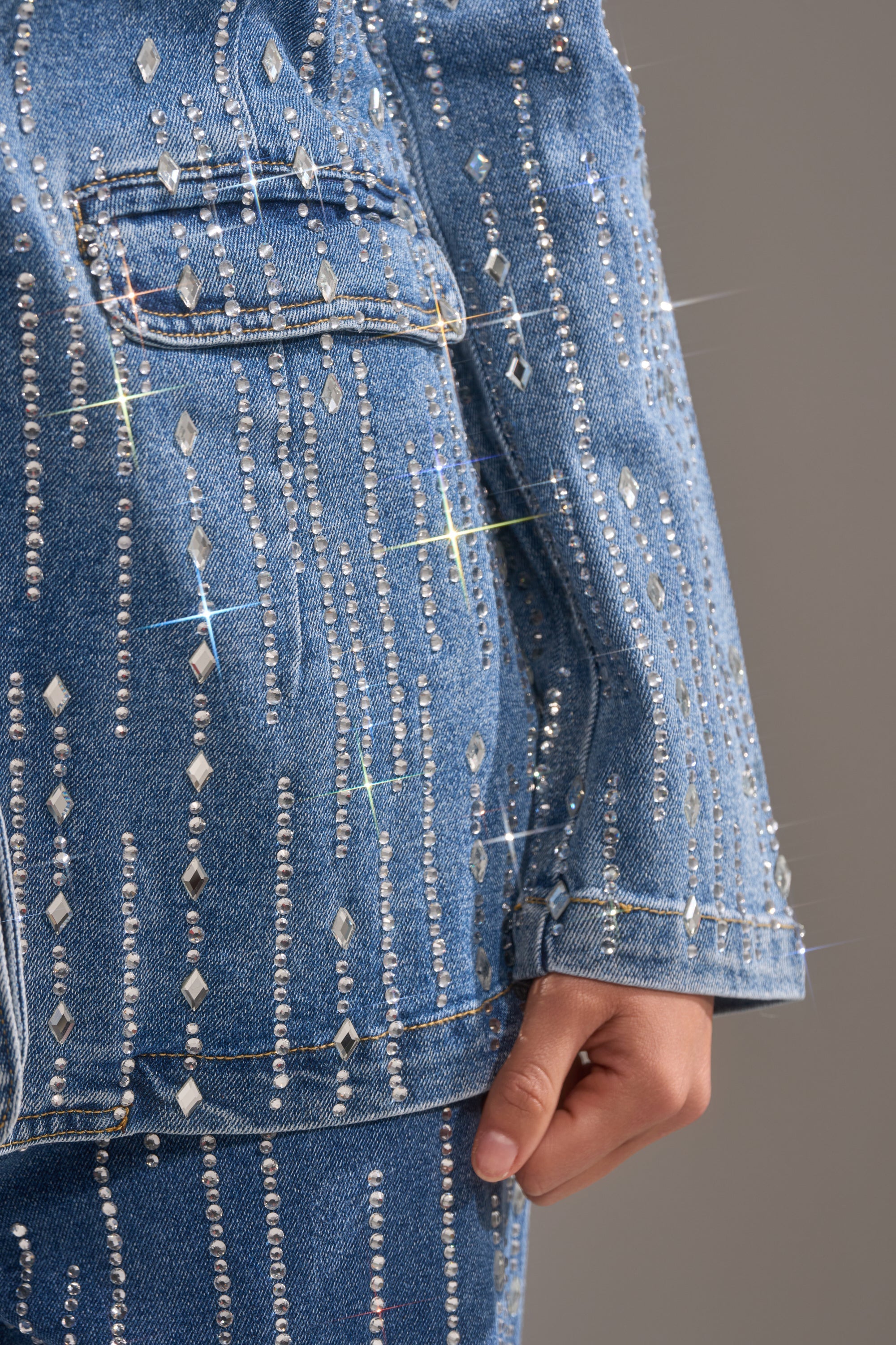 NEVER COME DOWN RHINESTONE DENIM BLAZER