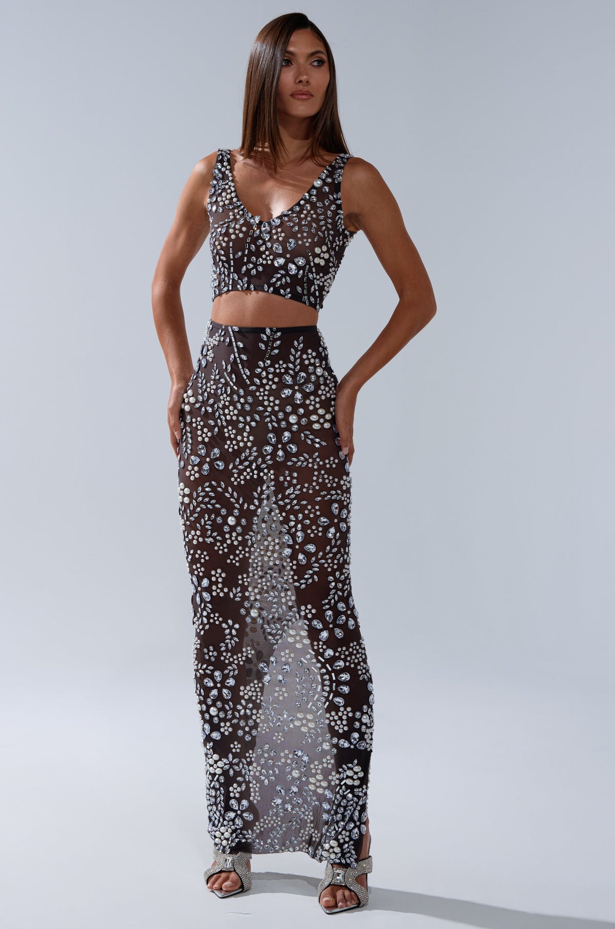 BLING BLING MESH RHINESTONE MAXI SKIRT