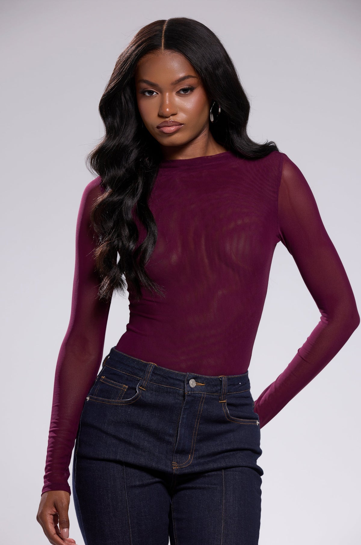 PAXTON SEXY MESH LONG SLEEVE BODYSUIT IN PLUM PURPLE