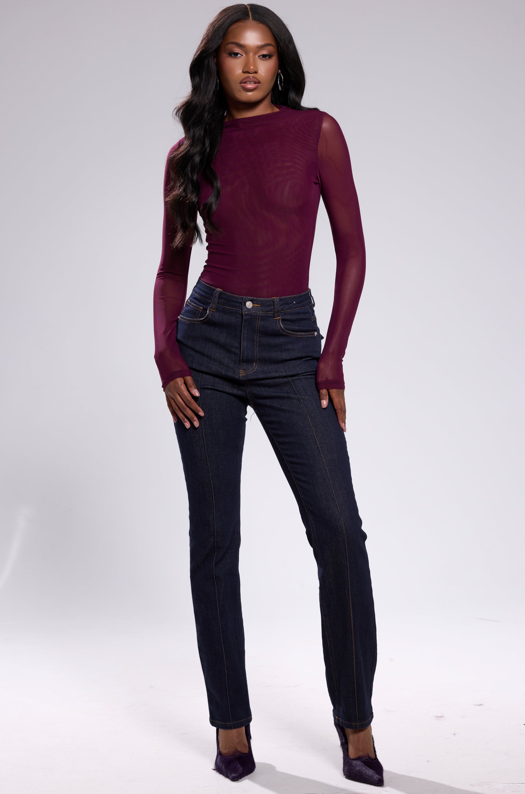 PAXTON SEXY MESH LONG SLEEVE BODYSUIT IN PLUM PURPLE