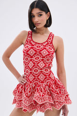 JANINE PRINTED RUFFLE MINI DRESS IN RED