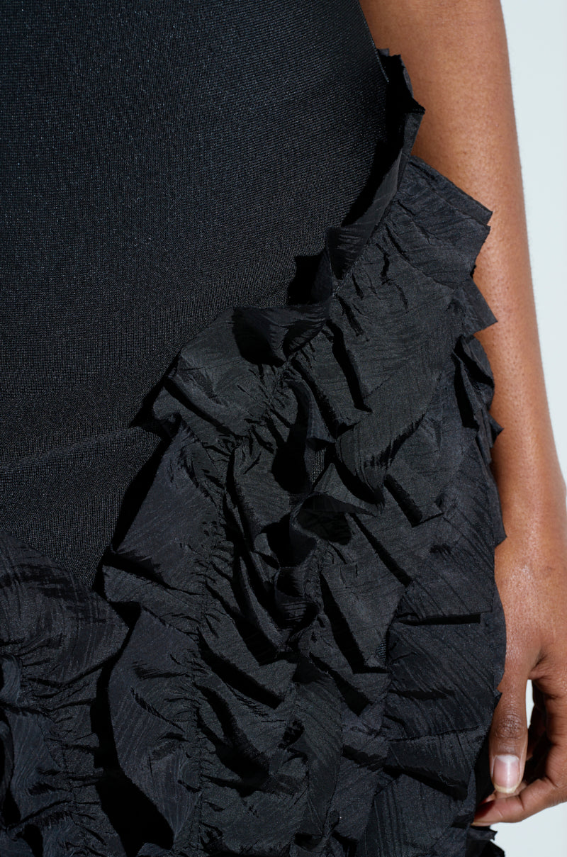 CITY LIGHTS RUFFLE MIDI DRESS