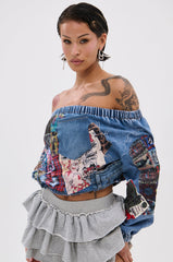 PATCHWORK DENIM OFF THE SHOULDER TOP