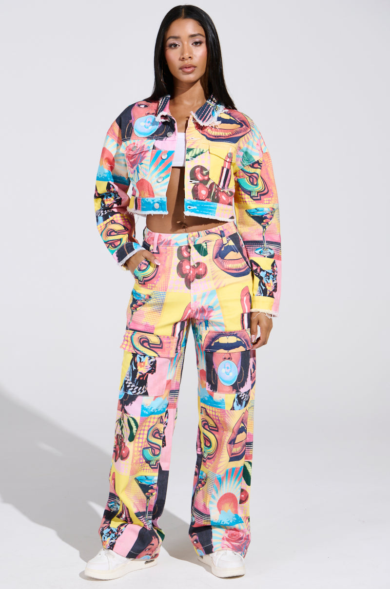 ELECTRIC PRINTED DENIM CARGO PANTS