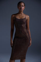 JUST FOR FUN RHINESTONE MIDI DRESS IN BROWN