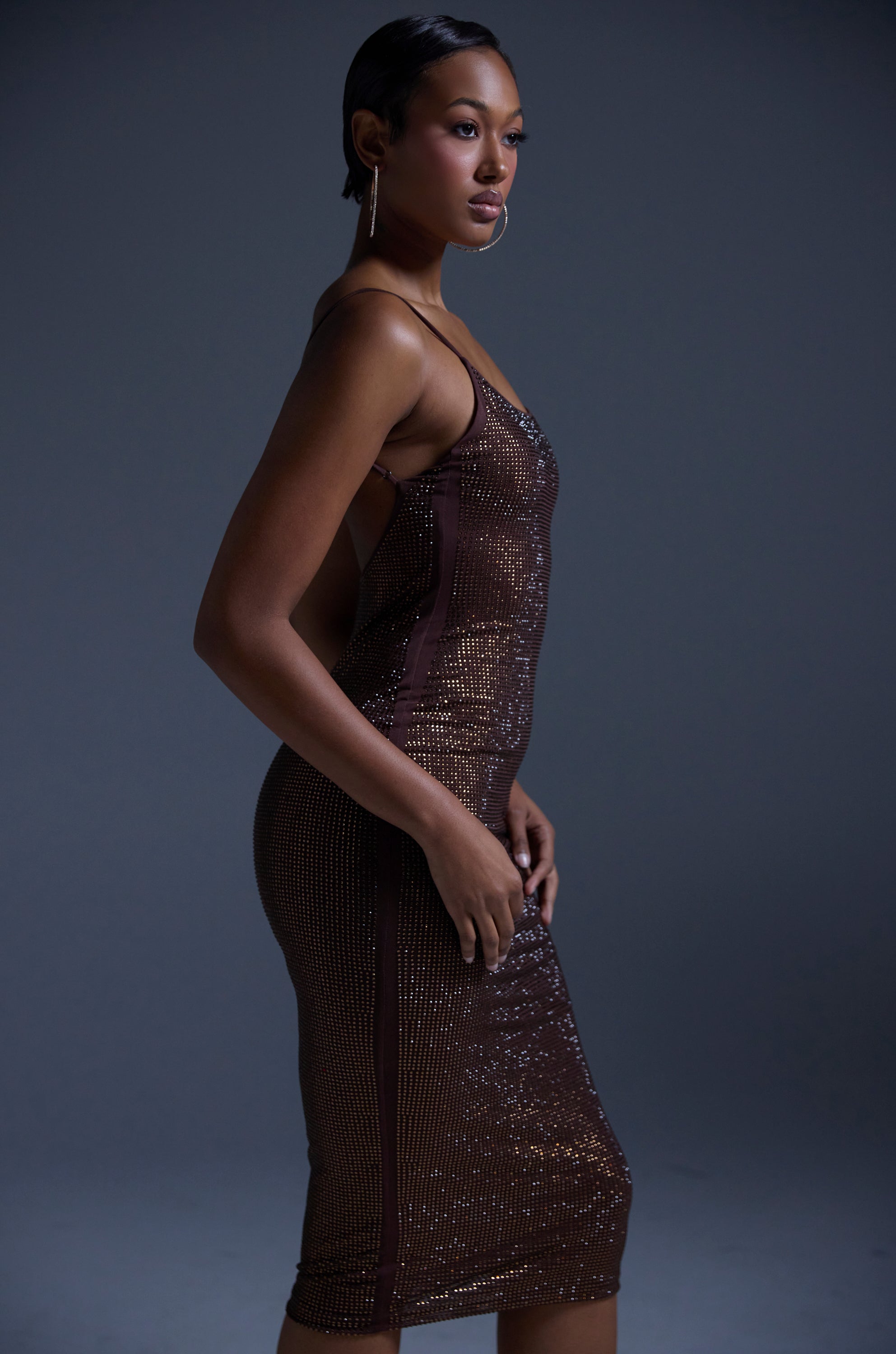 JUST FOR FUN RHINESTONE MIDI DRESS IN BROWN