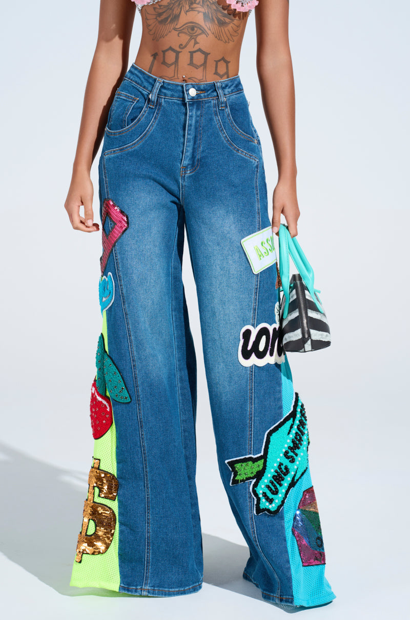 NOT SORRY PATCHWORK MEDIUM BLUE DENIM JEANS