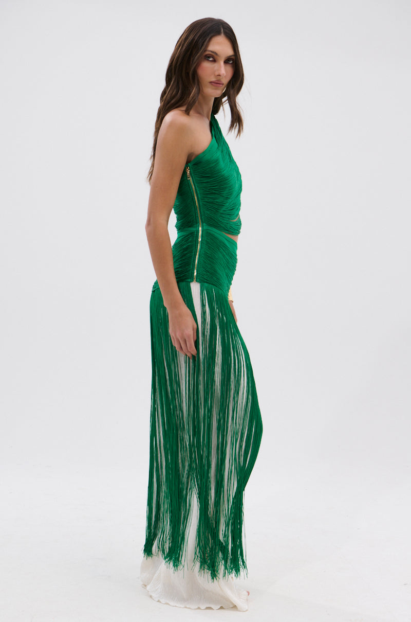 GINA SINGLE SHOULDER FRINGE TOP IN KELLY GREEN