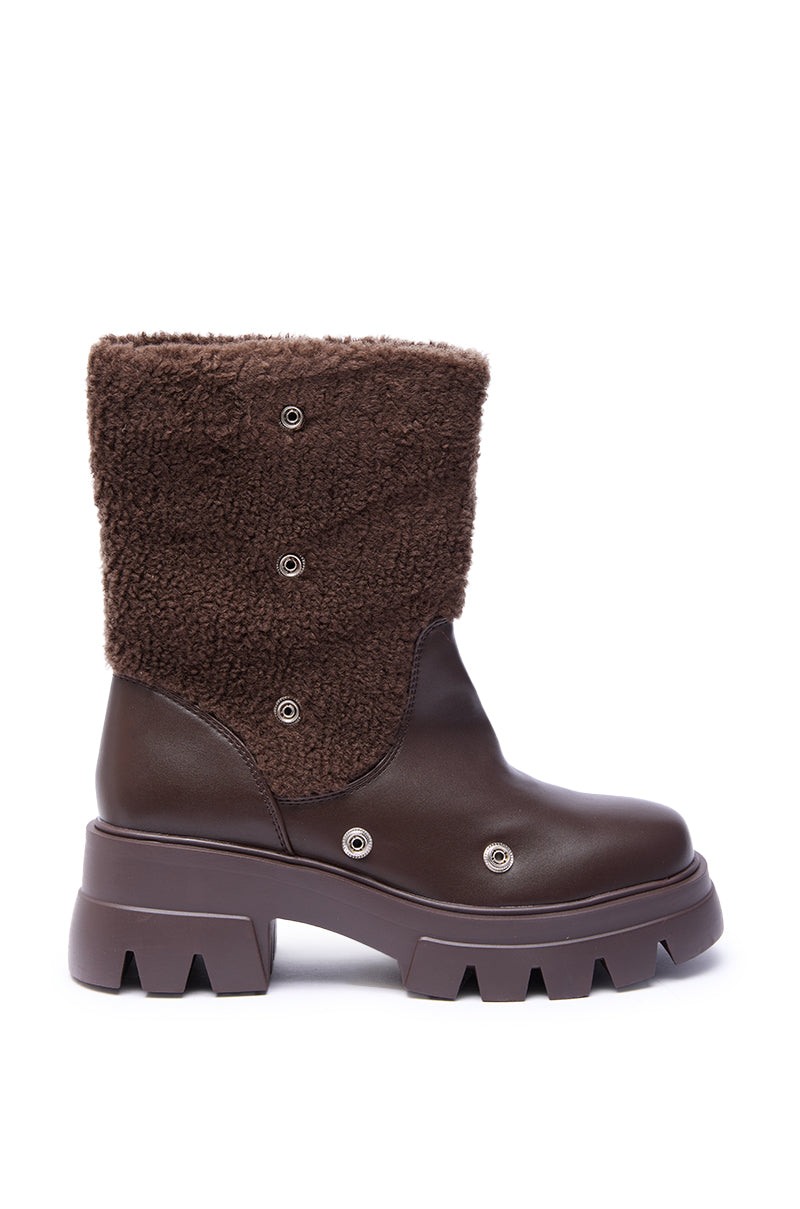 AZALEA WANG BEHATI BROWN SHERPA BOOTIE WITH SNAP DETAIL
