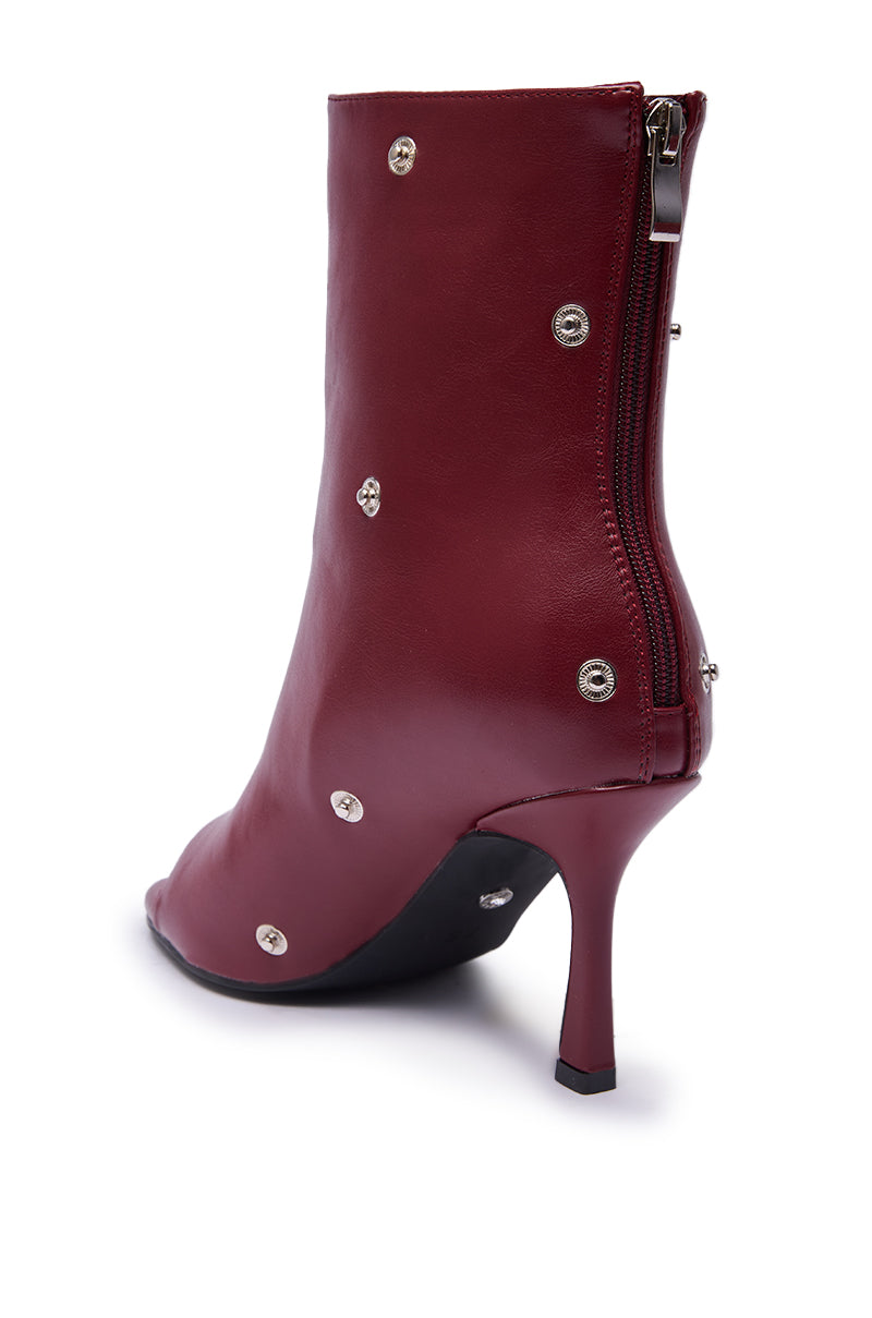 AZALEA WANG BIRDSONG BURGUNDY SNAP OPEN TOE STILETTO BOOTIE