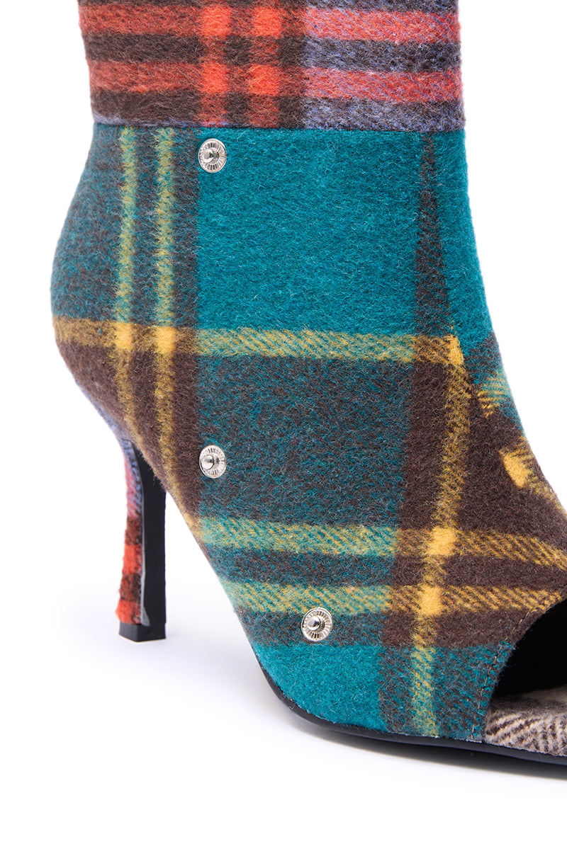 AZALEA WANG BIRD SONG PLAID MULTI OPEN TOE SNAP BOOTIE