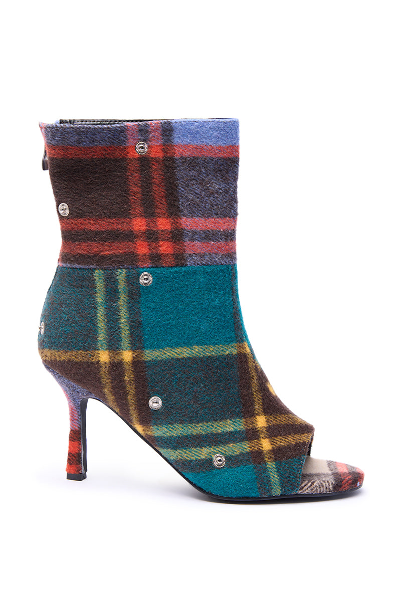 AZALEA WANG BIRD SONG PLAID MULTI OPEN TOE SNAP BOOTIE