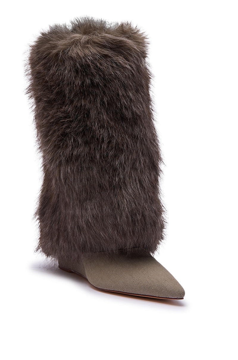 AZALEA WANG BRIASH OLIVE WEDGE FUR BOOTIE