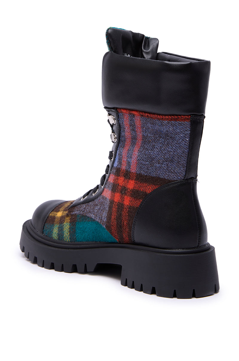 AZALEA WANG CALIBAN BLACK MULTI PLAID COMBAT BOOTIE