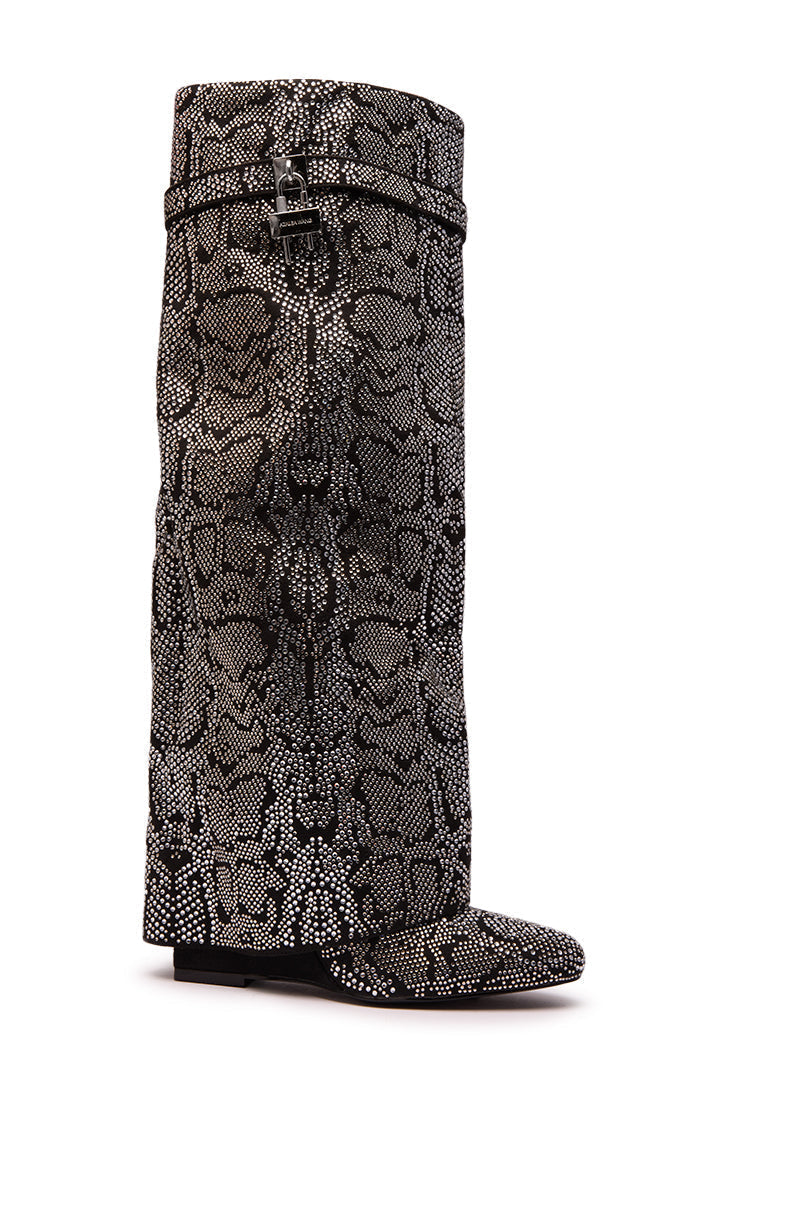 AZALEA WANG CAPRICORN RHINESTONE SNAKE PATTERN WEDGE FOLD OVER BOOT