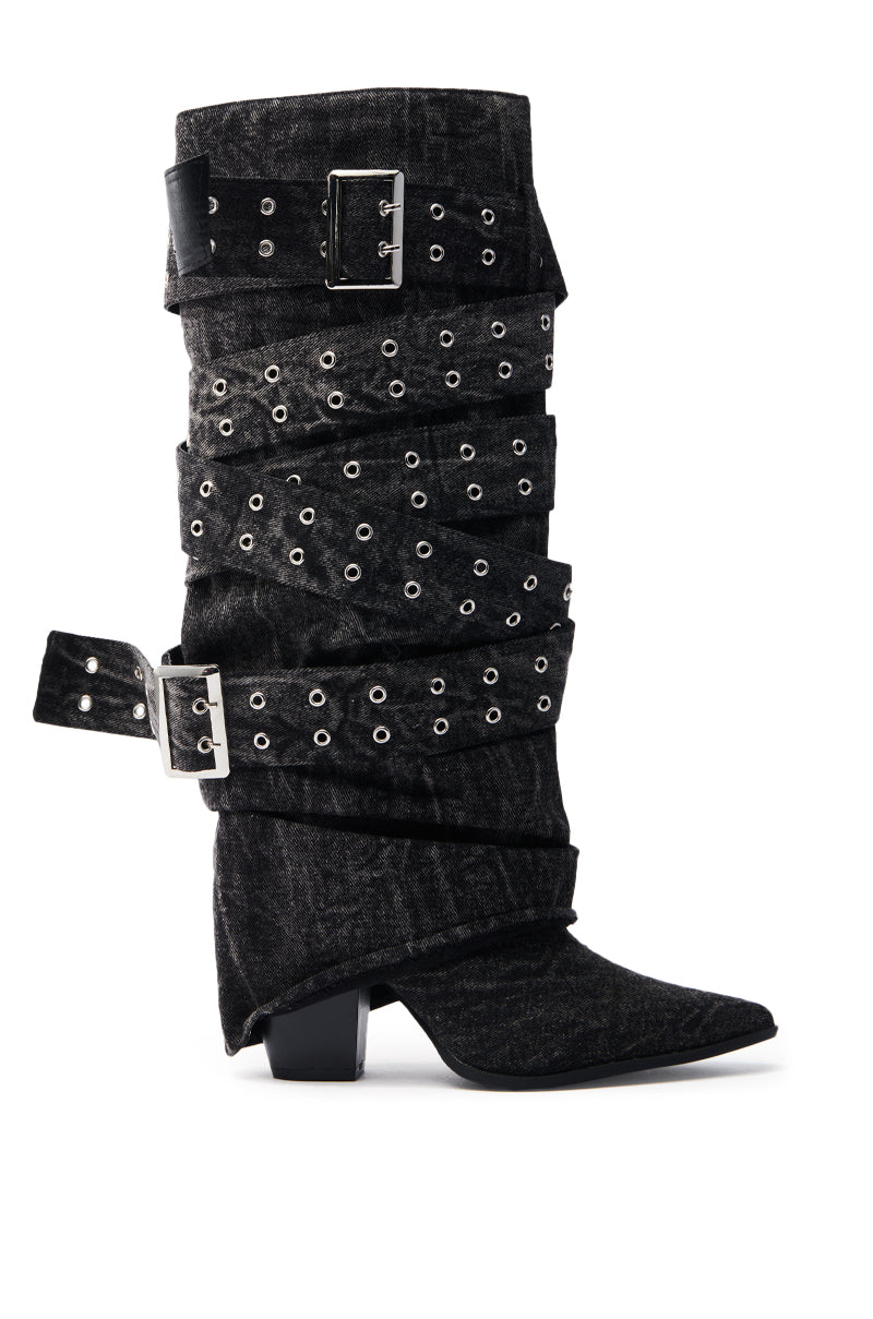 CENSORED BLACK DENIM BELTED CHUNKY BOOT