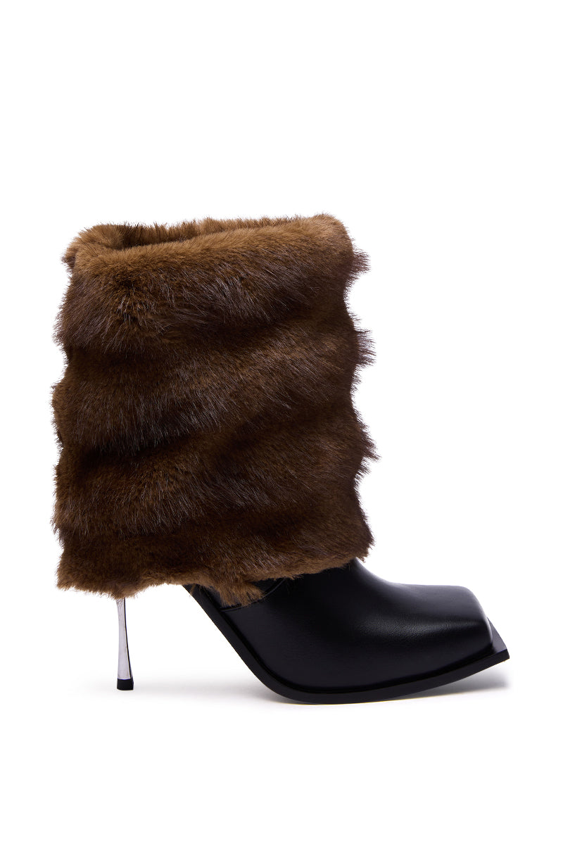 AZALEA WANG CHINMAYI BROWN FUR CUFF SQUARE TOE STILETTO BOOTIE