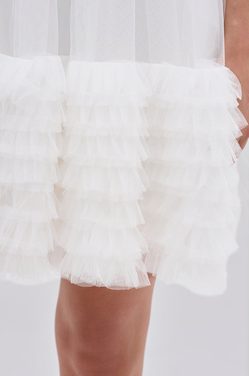 ARI TULLE RUFFLE MINI DRESS IN WHITE