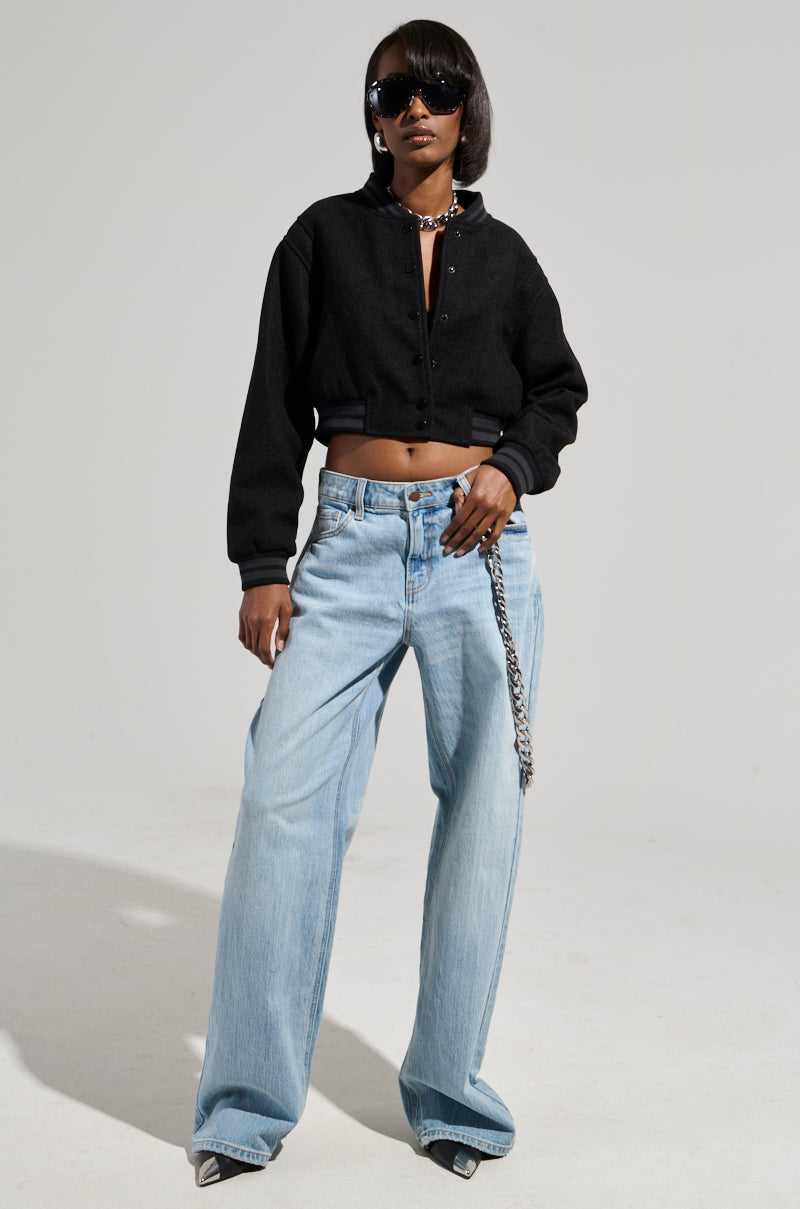 DAVIS EVERYDAY CROPPED VARSITY BOMBER IN BLACK