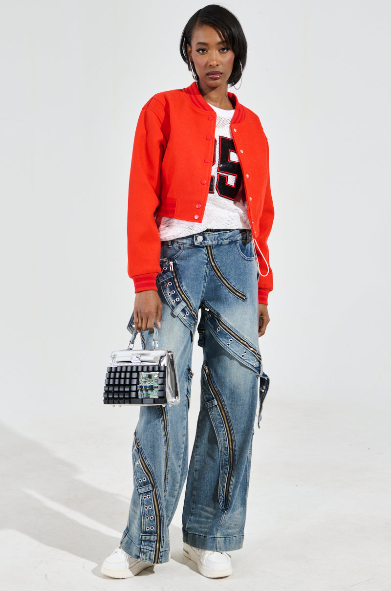 DAVIS EVERYDAY VARSITY BOMBER IN RED
