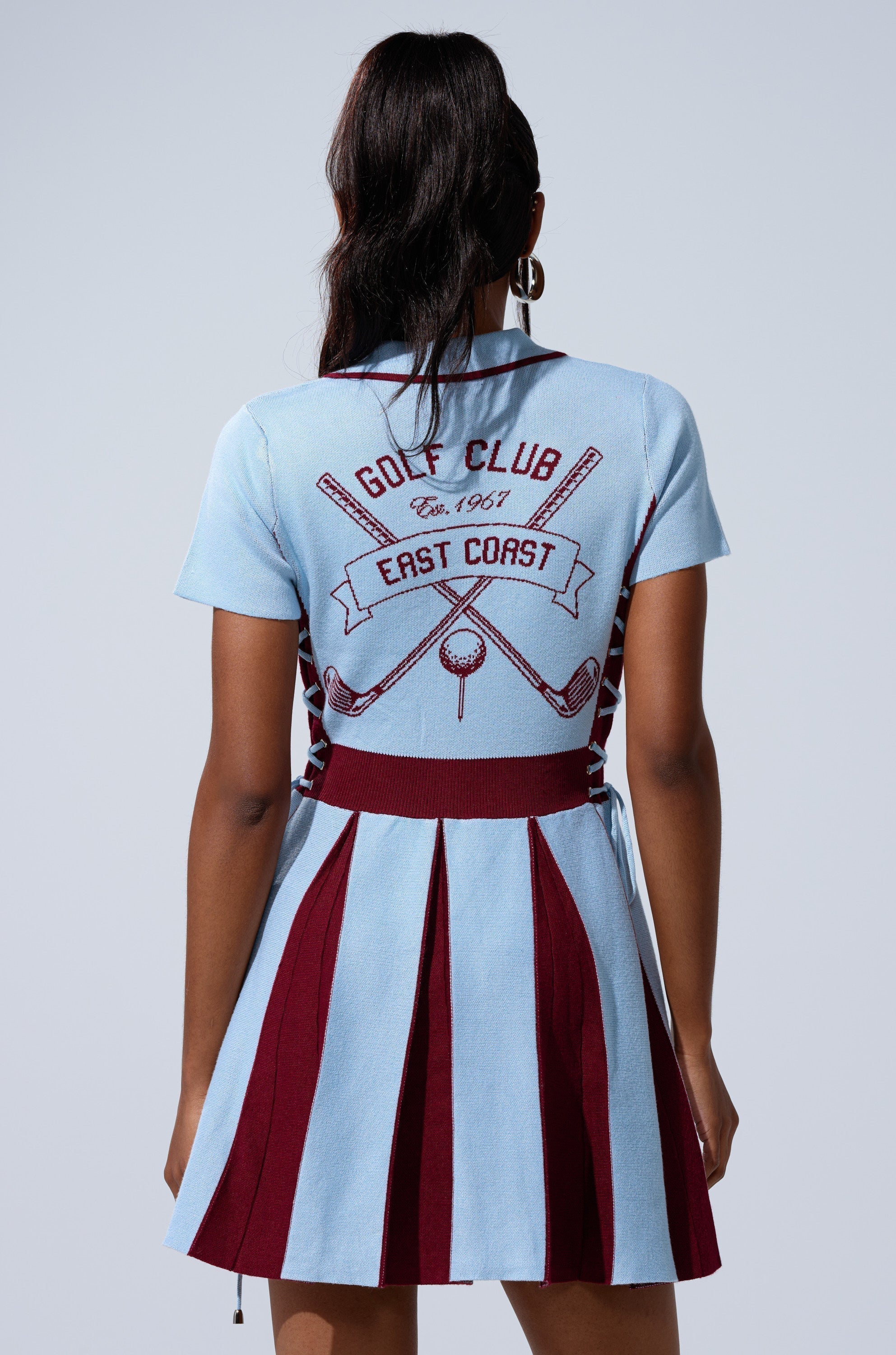 DREKE KNIT MINI DRESS IN BLUE AND BURGUNDY
