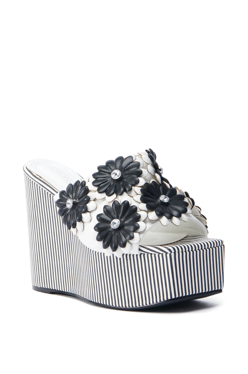 AZALEA WANG FREA WHITE AND BLACK STRIPED FLORAL WEDGE SANDAL