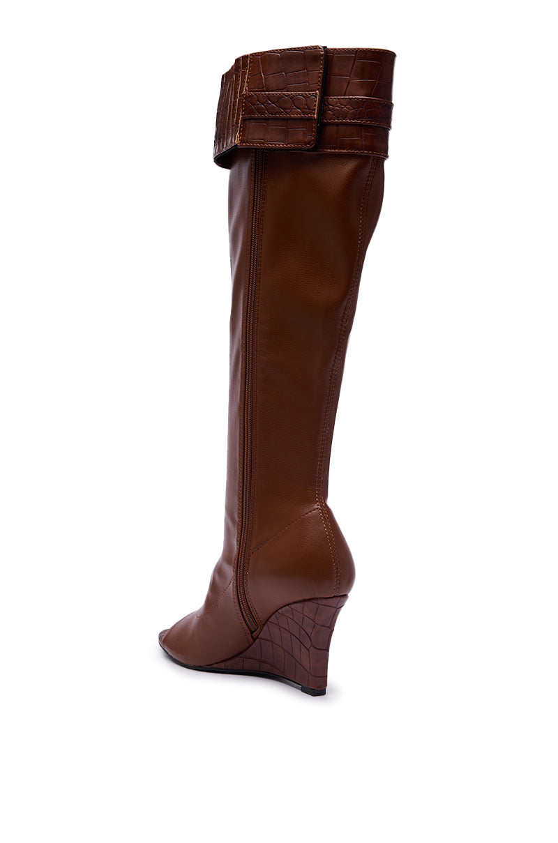 AZALEA WANG GLENNA COGNAC STRETCH PU WEDGE BOOT