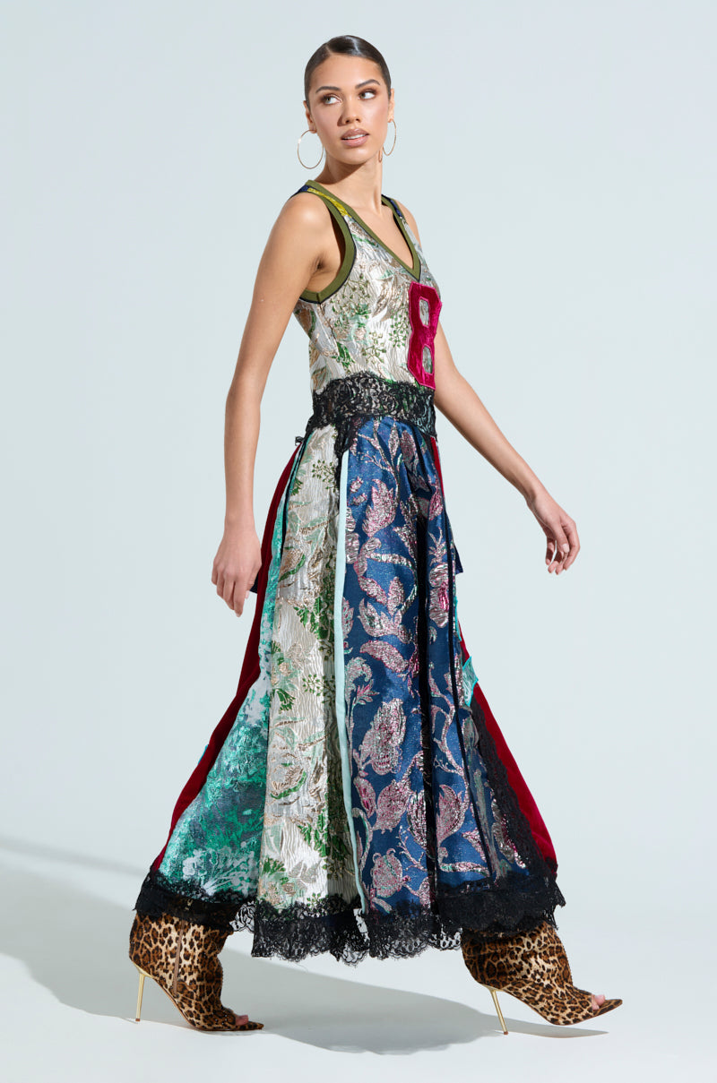 CLEAT CHASER LAYERED JERSEY HIGH LOW DRESS IN BROCADE