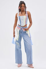 LET THE FUN BEGIN DENIM PANT WITH PLAID DETAILS
