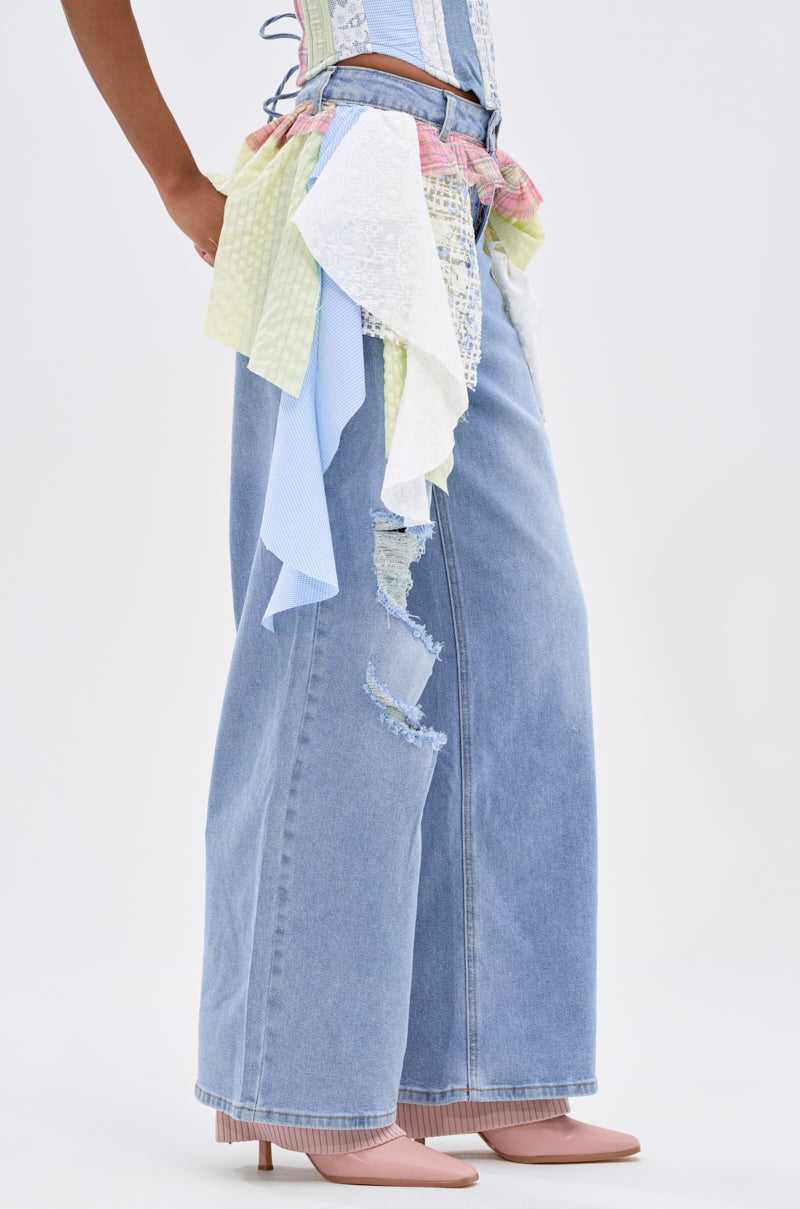 LET THE FUN BEGIN DENIM PANT WITH PLAID DETAILS
