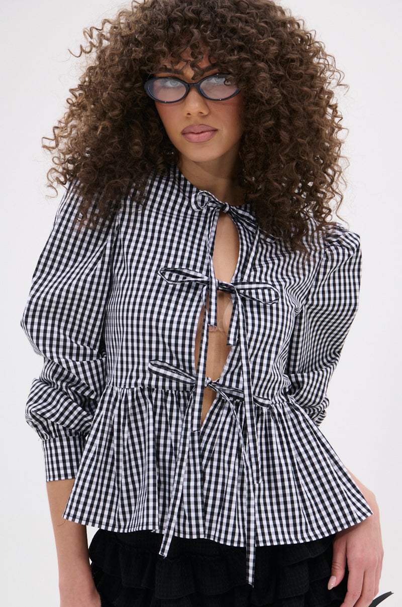 LOTS OF LOVE TO GIVE GINGHAM TIE FRONT BLOUSE
